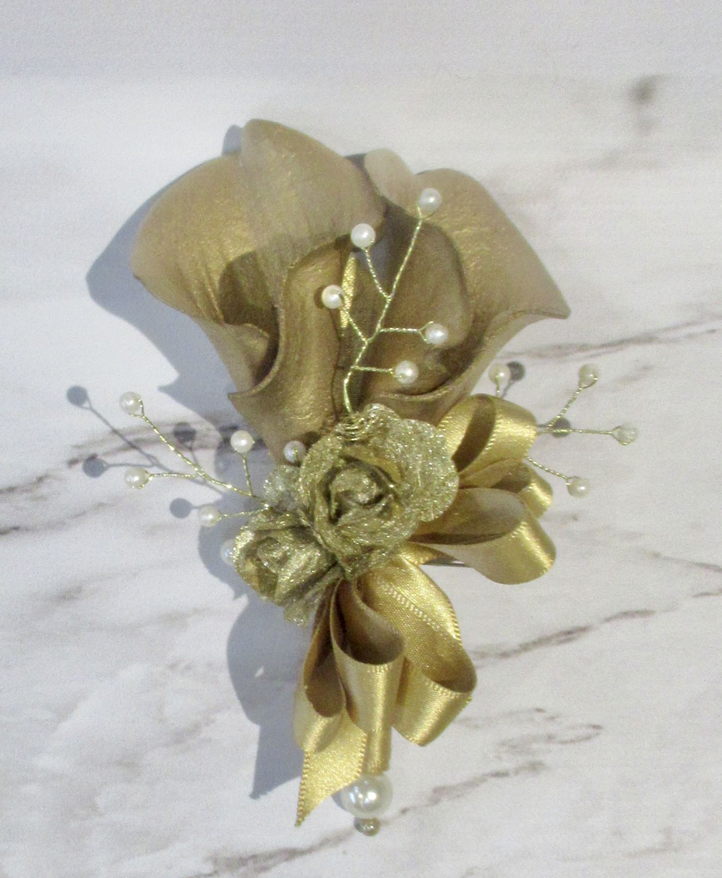 Gold wedding corsage, pin on corsage in gold, gold corsage